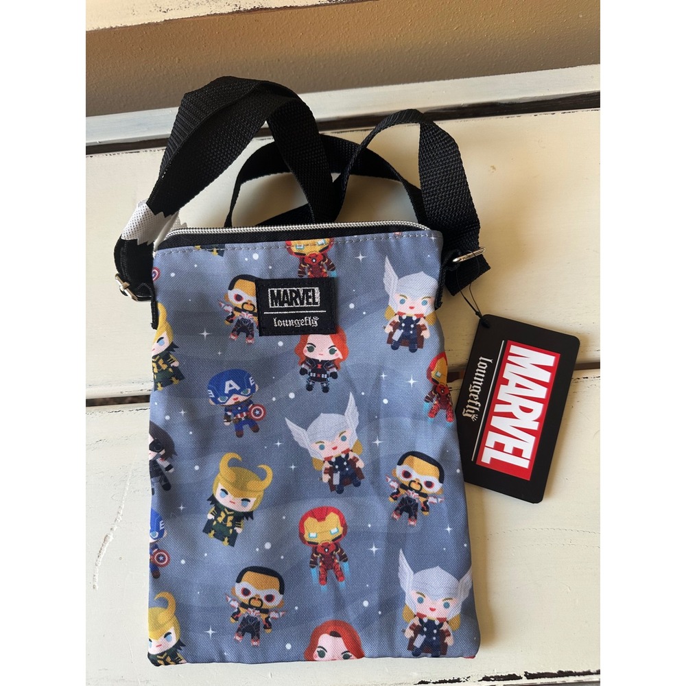 Marvel Loungefly Chibi Avengers Crossbody Passport Bag Grey Canvas NWT